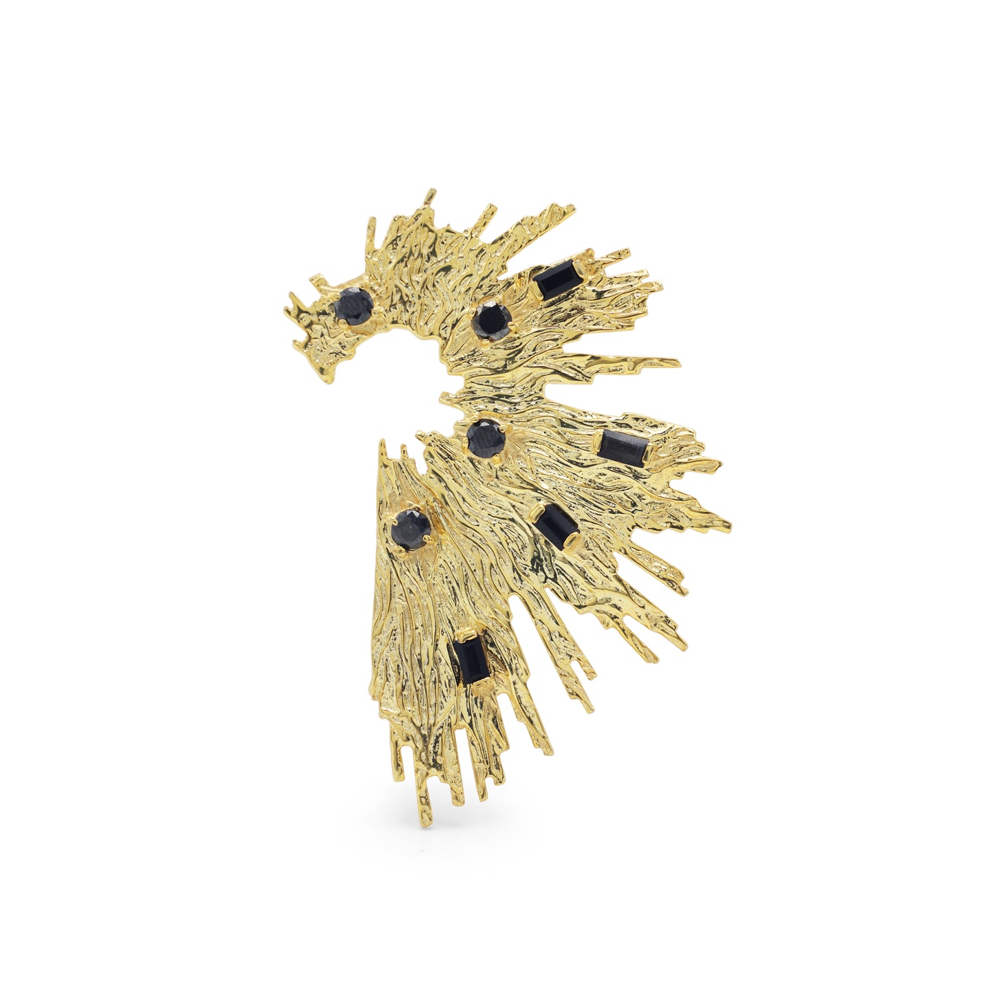 Broche art abstrait - argent 925, plaqué or jaune, pierre d'onyx noir