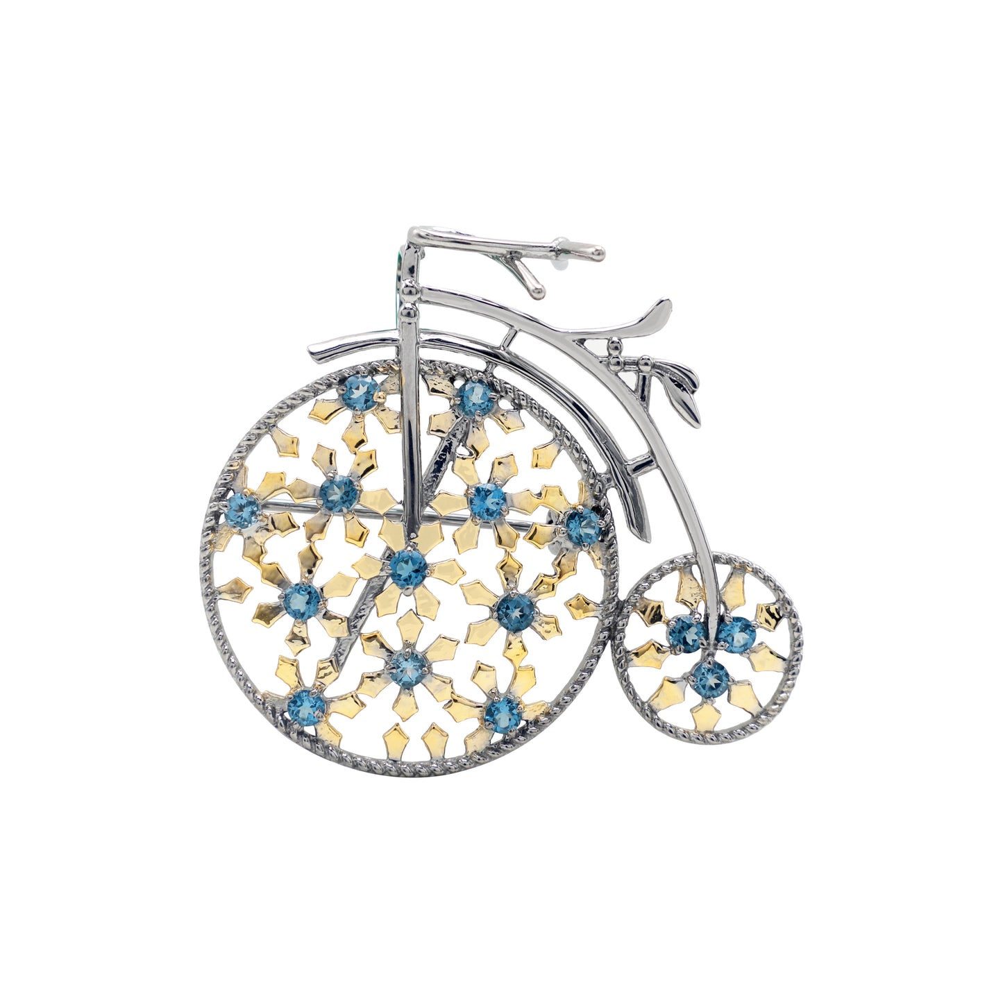 Broche vélo - argent 925 rhodié noir et topazes "London Bleu"